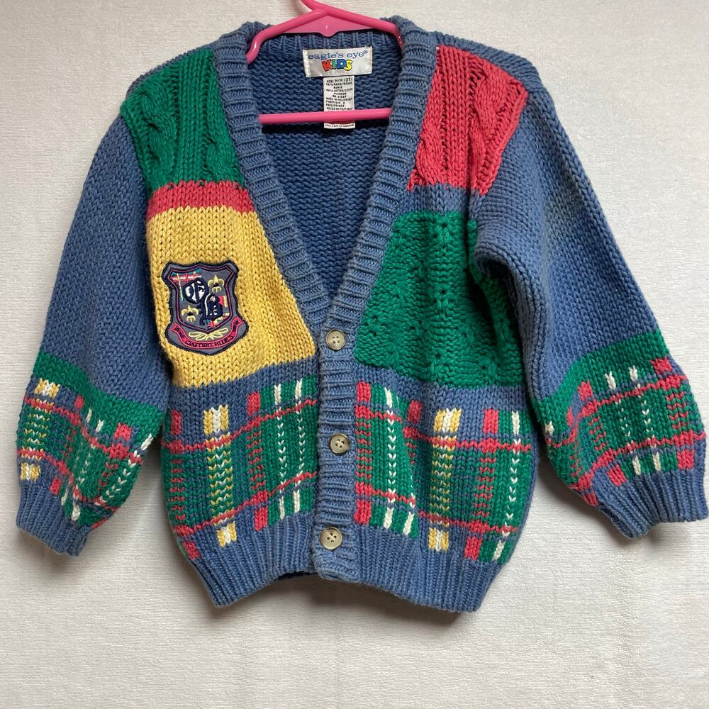 Eagle's eye kids vintage size 3T cardigan sweater oxford rules patch Yellow Blue